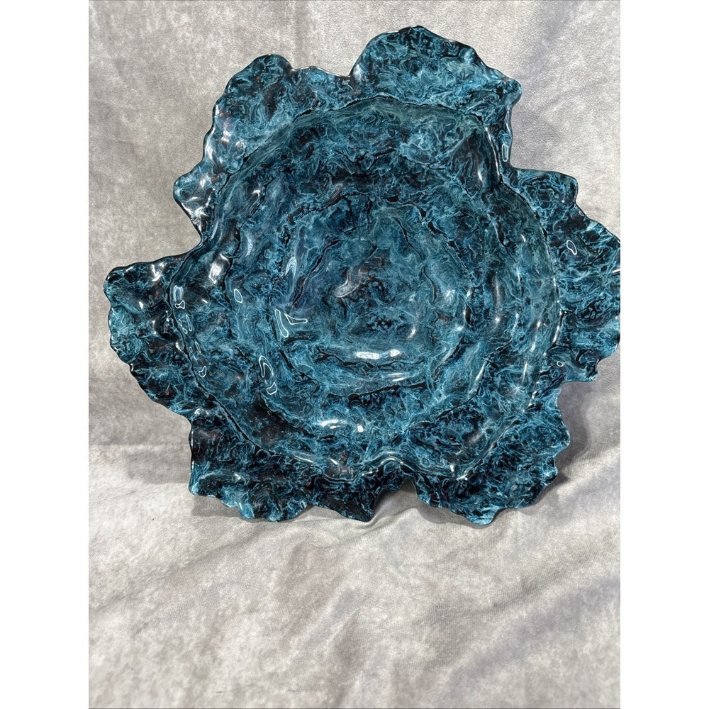 Art Deco Bowl Turquoise Blue Red Accents Iridescent Finish Oyster Shaped Design